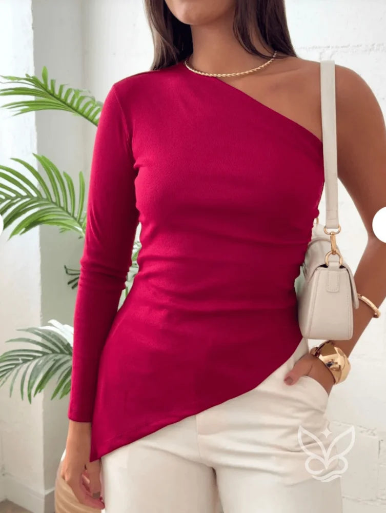 Blusa Assimétrica de Um Ombro com Manga Longa Marsala / P Blusa Assimétrica de Um Ombro com Manga Longa