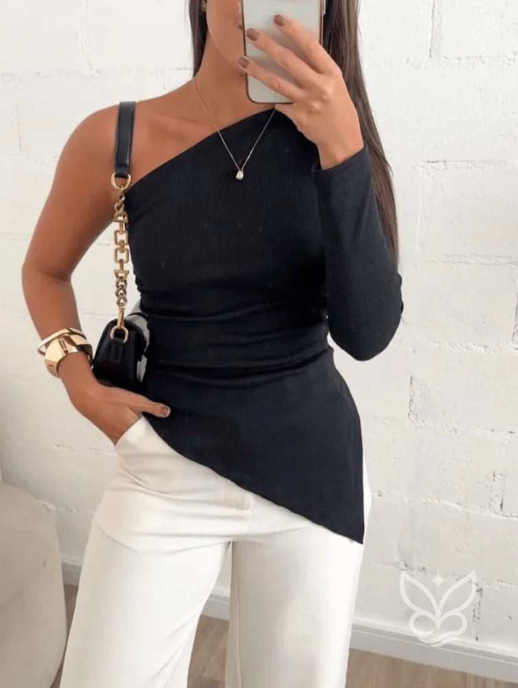 Blusa Assimétrica de Um Ombro com Manga Longa Preto / P Blusa Assimétrica de Um Ombro com Manga Longa