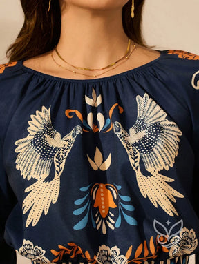 Blusa Boho Cropped com Estampa Étnica e Manga 3/4 Bufante Blusa Boho Cropped com Estampa Étnica e Manga 3/4 Bufante