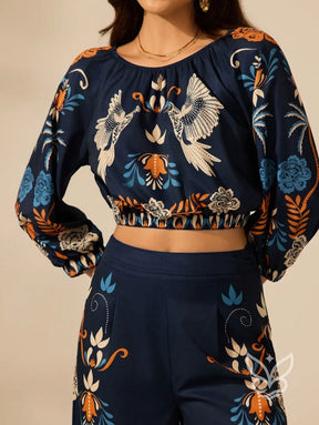 Blusa Boho Cropped com Estampa Étnica e Manga 3/4 Bufante Azul Marinho / PP Blusa Boho Cropped com Estampa Étnica e
