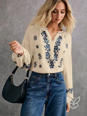 Blusa Boho de Algodão com Bordado Azul e Manga Longa Blusa Boho de Algodão com Bordado Azul e Manga Longa