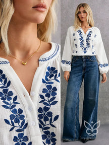 Blusa Boho de Algodão com Bordado Azul e Manga Longa Branco / PP Blusa Boho de Algodão com Bordado Azul e Manga Longa