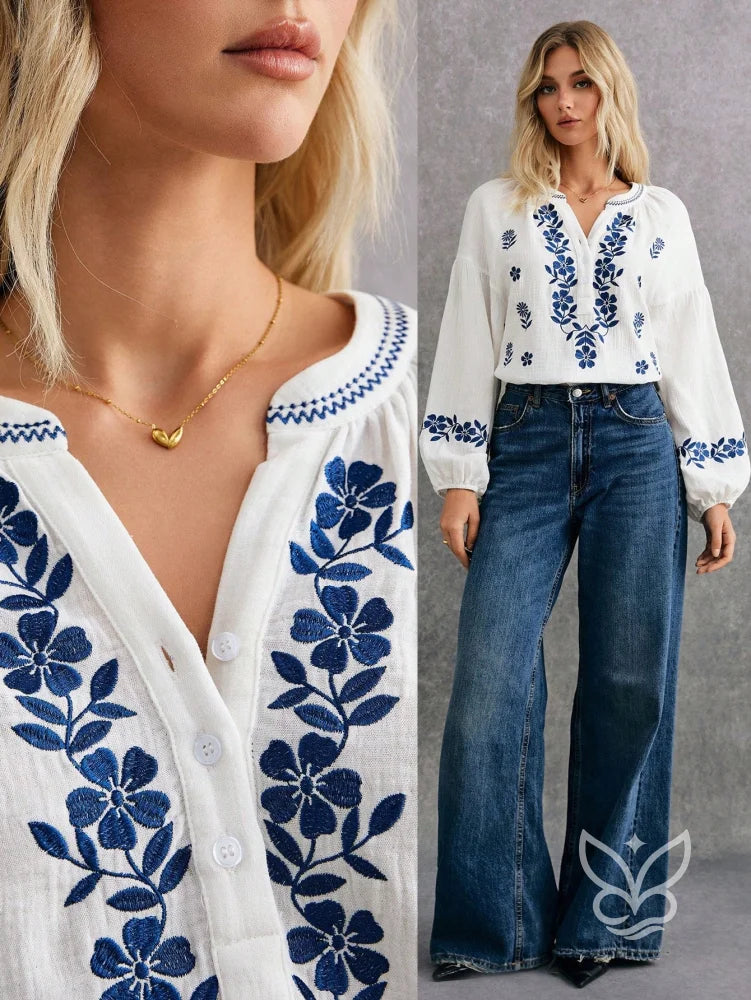 Blusa Boho de Algodão com Bordado Azul e Manga Longa Branco / PP Blusa Boho de Algodão com Bordado Azul e Manga Longa