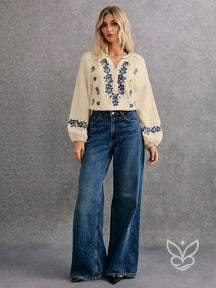 Blusa Boho de Algodão com Bordado Azul e Manga Longa Damasco / PP Blusa Boho de Algodão com Bordado Azul e Manga Longa