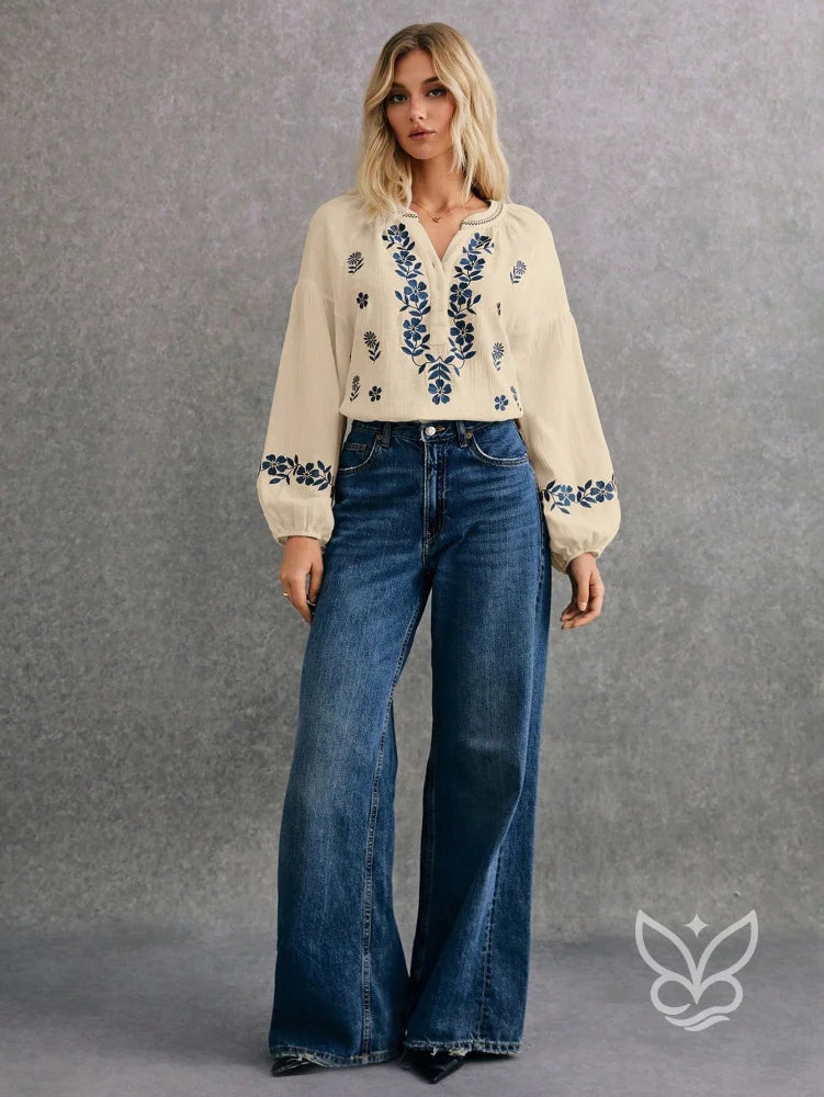 Blusa Boho de Algodão com Bordado Azul e Manga Longa Damasco / PP Blusa Boho de Algodão com Bordado Azul e Manga Longa
