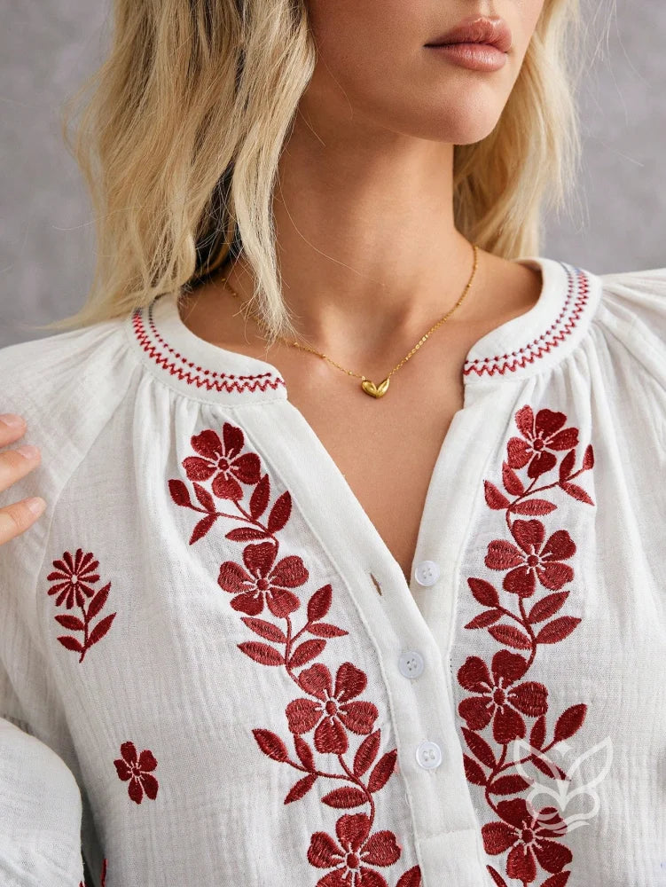 Blusa Boho de Algodão com Bordado Azul e Manga Longa Vinho / PP Blusa Boho de Algodão com Bordado Azul e Manga Longa