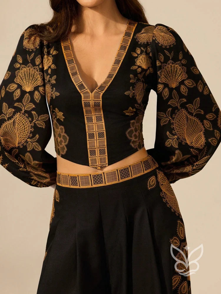Blusa Boho Estampada com Decote V e Manga Bufante Preto / PP Blusa Boho Estampada com Decote V e Manga Bufante