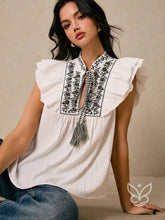 Blusa Bordada Com Babados E Gola Com Amarração Floral / PP Blusa Bordada Com Babados E Gola Com Amarração