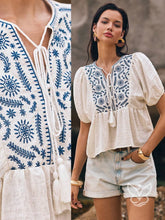 Blusa Bordada Com Mangas Bufantes E Amarração Floral / PP Blusa Estampada Floral com Decote V e Amarração Peplum