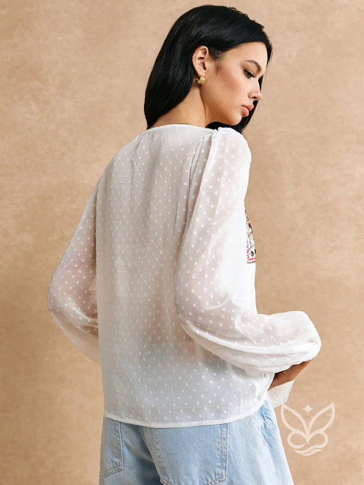 Blusa Bordada Com Transparência E Mangas Bufantes Blusa Bordada Com Transparência E Mangas Bufantes