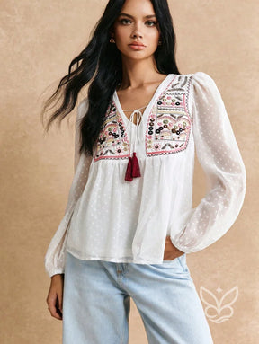 Blusa Bordada Com Transparência E Mangas Bufantes Blusa Bordada Com Transparência E Mangas Bufantes