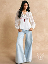 Blusa Bordada Com Transparência E Mangas Bufantes Branco / PP Blusa Bordada Com Transparência E Mangas Bufantes