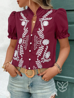 Blusa Bordada Em Algodão Com Mangas Bufantes Curtas Vinho / PP Blusa Bordada Em Algodão Com Mangas Bufantes Curtas