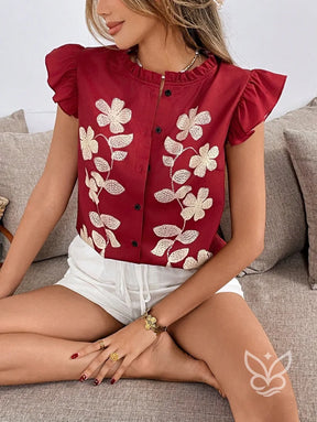 Blusa Bordada Floral Com Babados E Botões Frontais Blusa Bordada Floral Com Babados E Botões Frontais