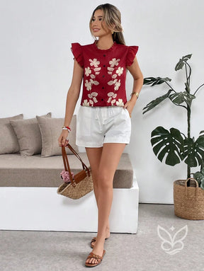 Blusa Bordada Floral Com Babados E Botões Frontais Blusa Bordada Floral Com Babados E Botões Frontais