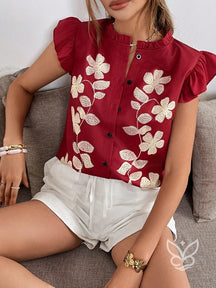 Blusa Bordada Floral Com Babados E Botões Frontais Vinho / PP Blusa Bordada Floral Com Babados E Botões Frontais