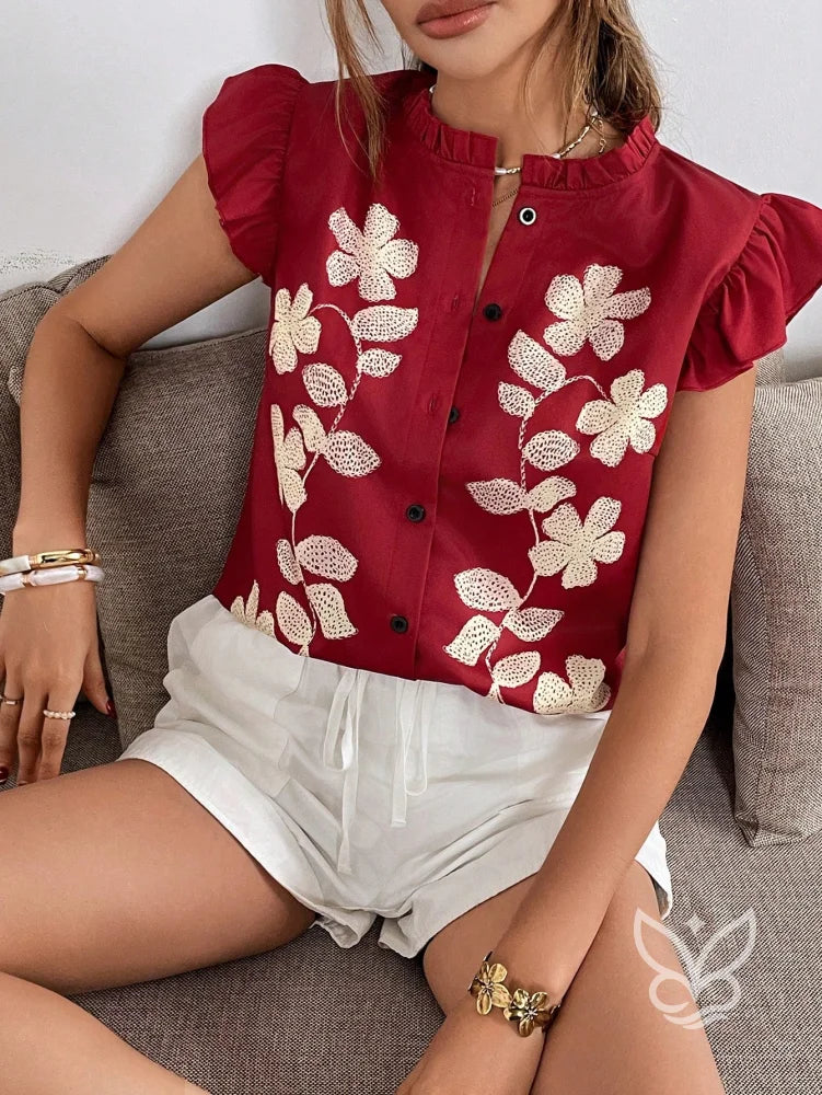 Blusa Bordada Floral Com Babados E Botões Frontais Vinho / PP Blusa Bordada Floral Com Babados E Botões Frontais