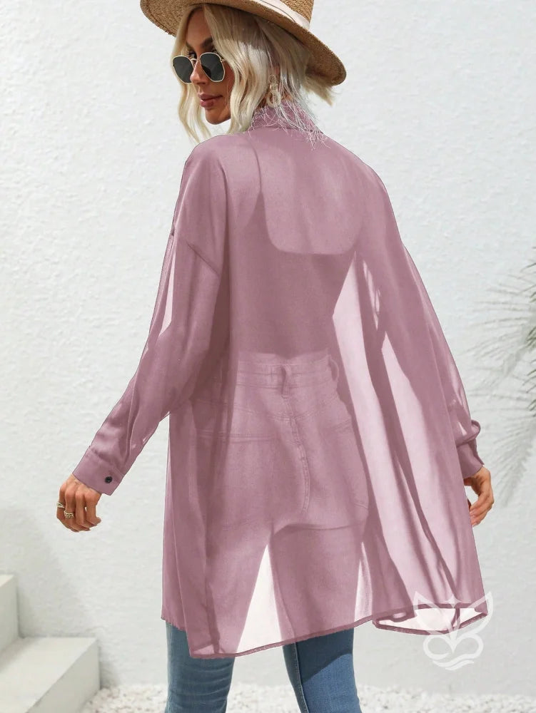 Blusa Botões Frontais Com Manga Drop Shoulder e Manga Longa Blusa Botões Frontais Com Manga Drop Shoulder e Manga Longa