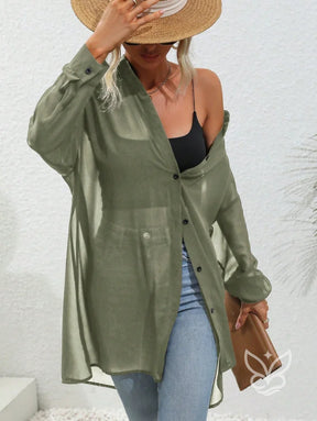 Blusa Botões Frontais Com Manga Drop Shoulder e Manga Longa Blusa Botões Frontais Com Manga Drop Shoulder e Manga Longa