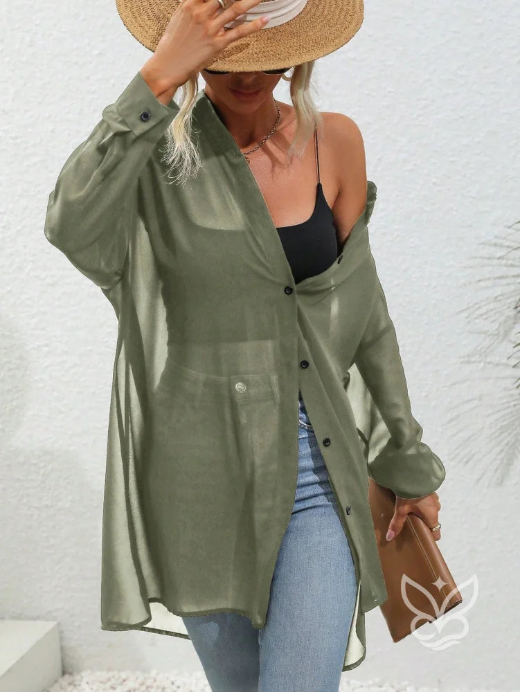 Blusa Botões Frontais Com Manga Drop Shoulder e Manga Longa Blusa Botões Frontais Com Manga Drop Shoulder e Manga Longa