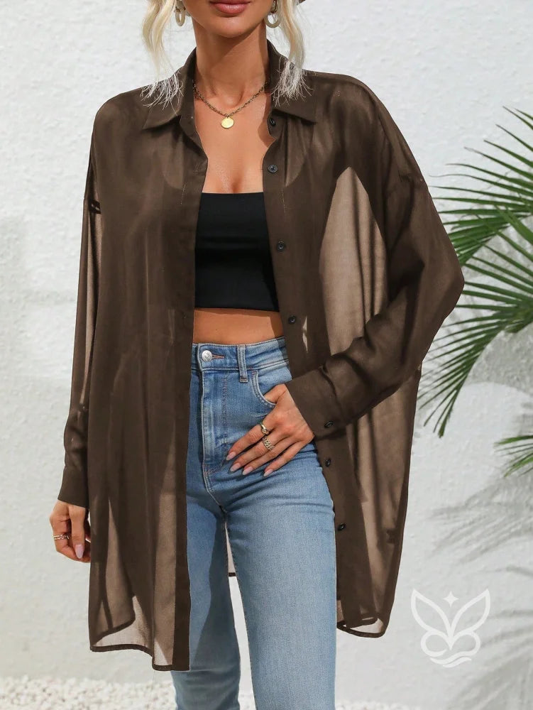 Blusa Botões Frontais Com Manga Drop Shoulder e Manga Longa Café / PP Blusa Botões Frontais Com Manga Drop Shoulder e