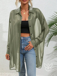 Blusa Botões Frontais Com Manga Drop Shoulder e Manga Longa Verde Militar / PP Blusa Botões Frontais Com Manga Drop