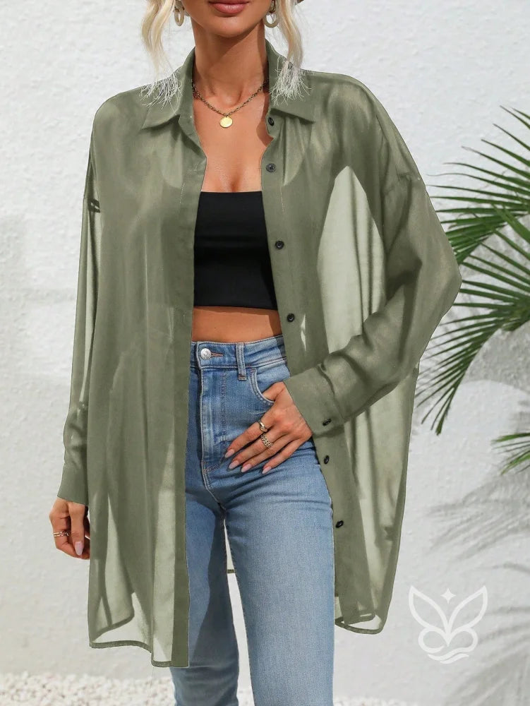 Blusa Botões Frontais Com Manga Drop Shoulder e Manga Longa Verde Militar / PP Blusa Botões Frontais Com Manga Drop