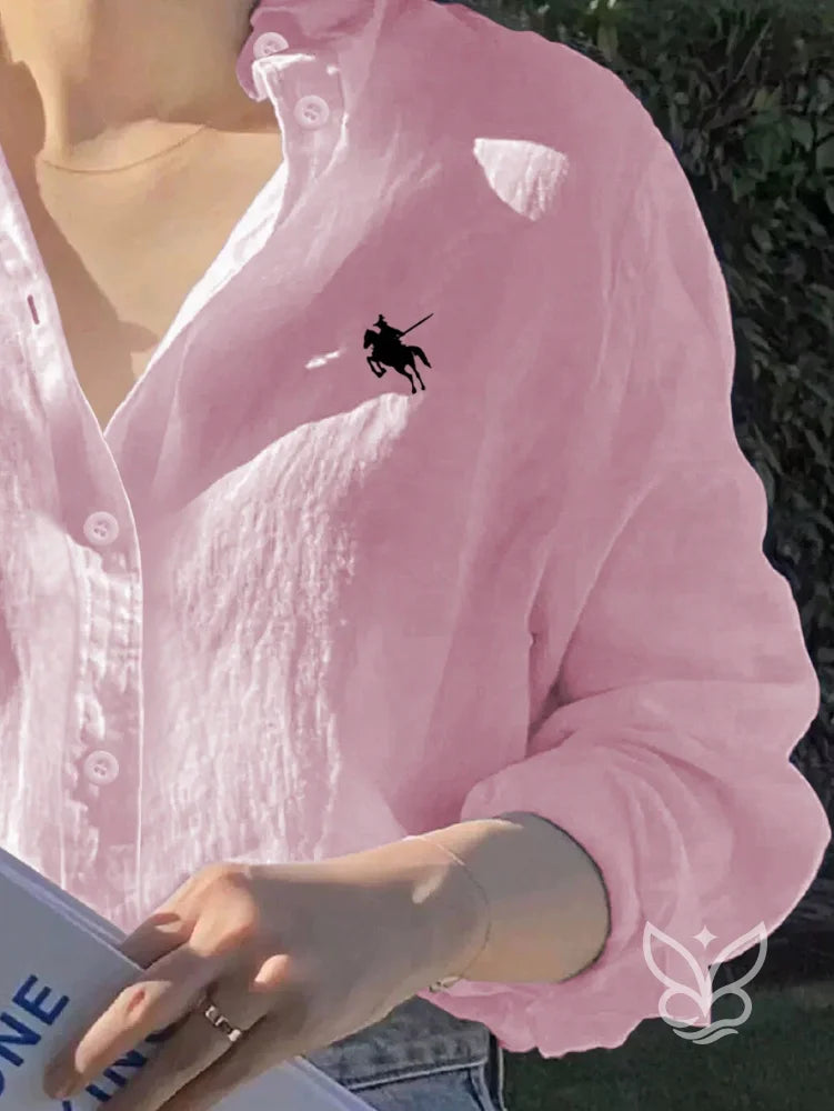 Blusa Camisa de Linho com Botões e Bordado Discreto Blusa Camisa de Linho com Botões e Bordado Discreto