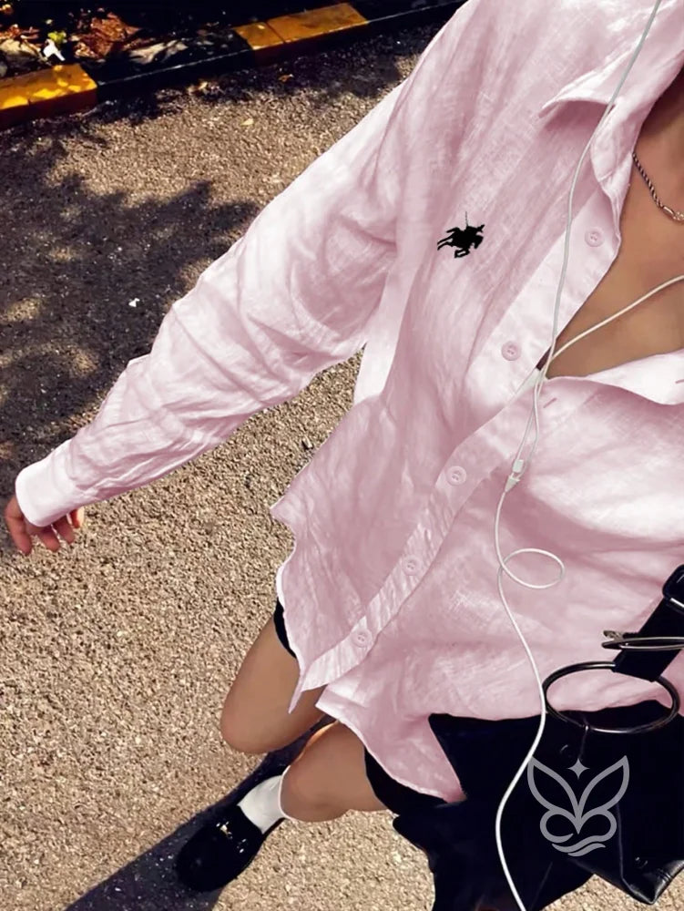 Blusa Camisa de Linho com Botões e Bordado Discreto Blusa Camisa de Linho com Botões e Bordado Discreto