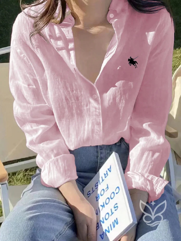Blusa Camisa de Linho com Botões e Bordado Discreto Rosa / PP Blusa Camisa de Linho com Botões e Bordado Discreto