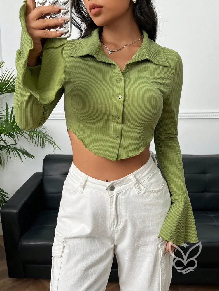 Blusa Canelada Cropped com Manga Flare e Botões Verde Menta / PP Blusa Canelada Cropped com Manga Flare e Botões