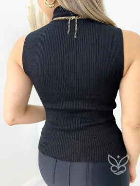 Blusa Canelada Sem Manga com Gola Alta Elegante Blusa Canelada Sem Manga com Gola Alta Elegante