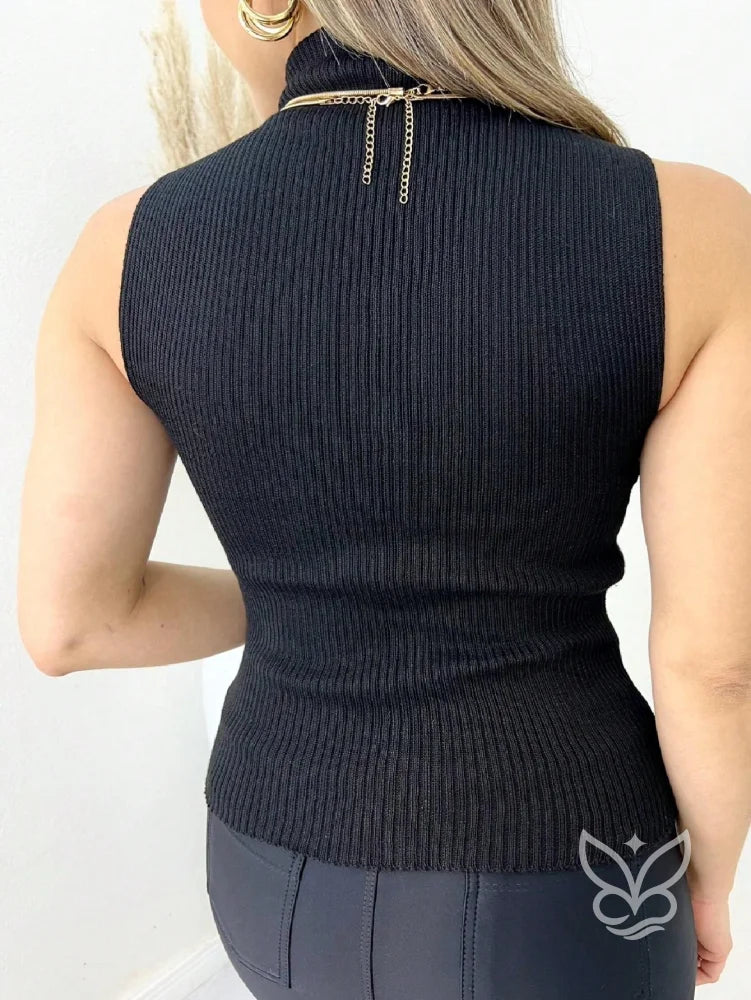 Blusa Canelada Sem Manga com Gola Alta Elegante Blusa Canelada Sem Manga com Gola Alta Elegante