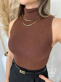 Blusa Canelada Sem Manga com Gola Alta Elegante Marrom / P Blusa Canelada Sem Manga com Gola Alta Elegante