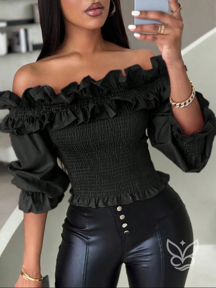 Blusa Ciganinha com Babados e Corpo Lastex Preto / P Blusa Ciganinha com Babados e Corpo Lastex