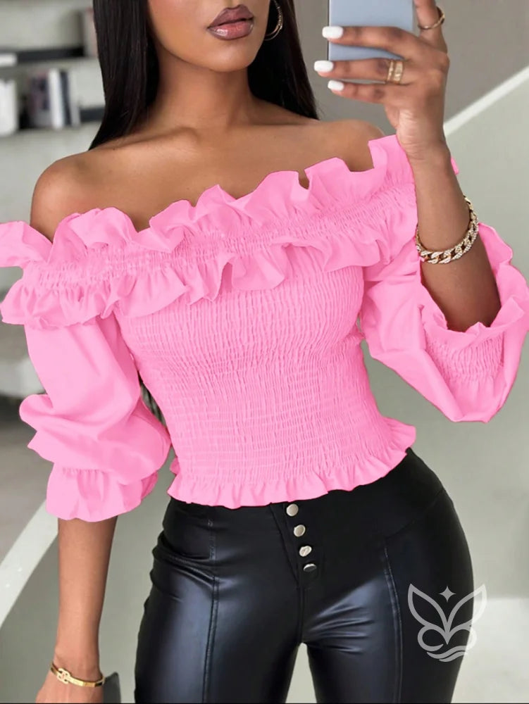 Blusa Ciganinha com Babados e Corpo Lastex Rosa Chiclete / P Blusa Ciganinha com Babados e Corpo Lastex