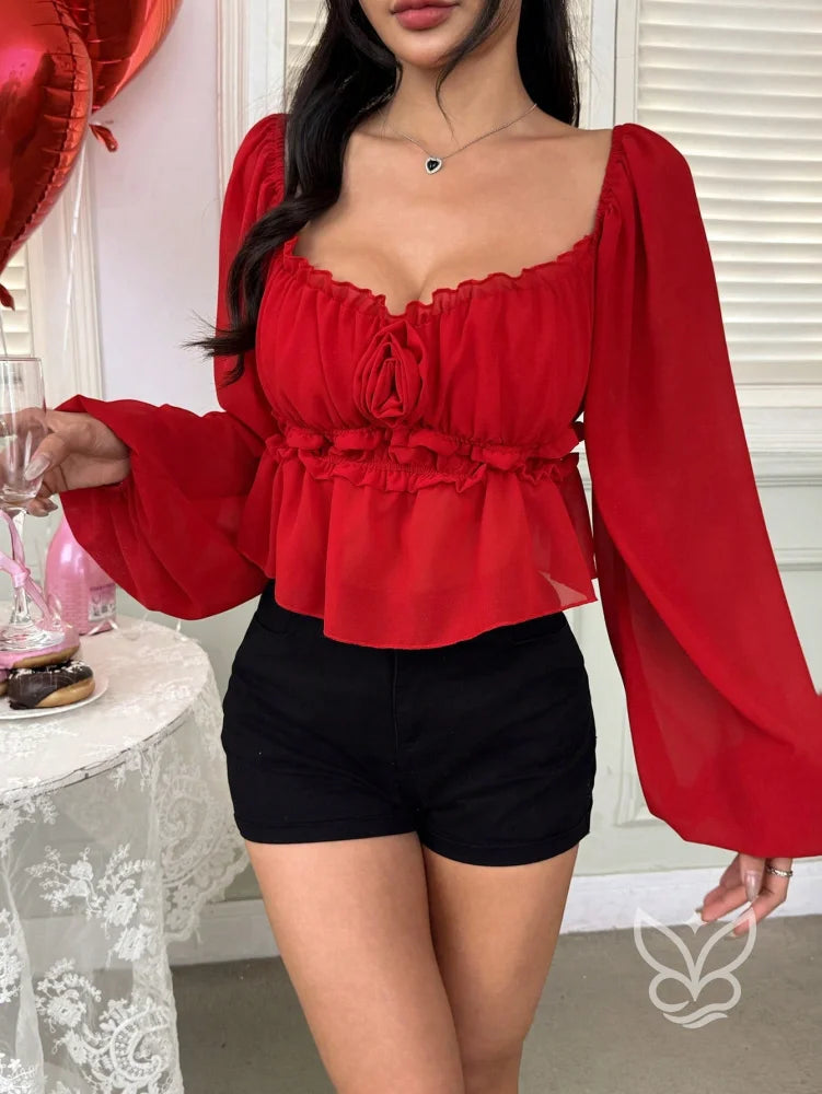 Blusa Ciganinha com Franzido no Busto e Manga Longa Vermelho / PP Blusa Ciganinha com Franzido no Busto e Manga Longa