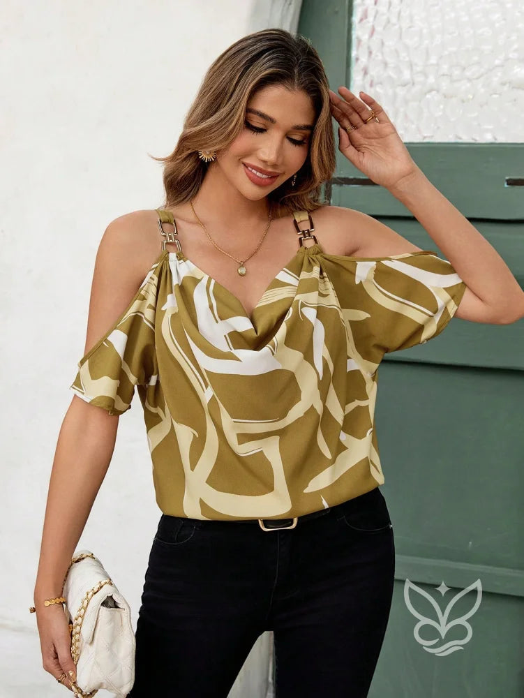 Blusa Cold Shoulder Com Corrente E Estampa Blusa Cold Shoulder Com Corrente E Estampa