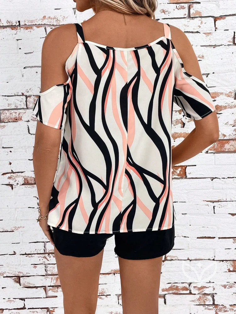 Blusa Cold Shoulder Com Corrente E Estampa Blusa Cold Shoulder Com Corrente E Estampa