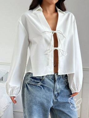 Blusa com Amarração Frontal e Manga Longa Bufante Branco / PP Blusa com Amarração Frontal e Manga Longa Bufante