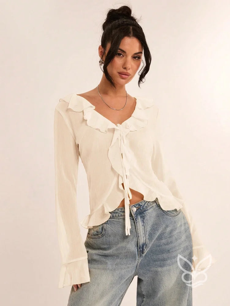 Blusa com Babados na Gola e Amarração Frontal Damasco / PP Blusa com Babados na Gola e Amarração Frontal