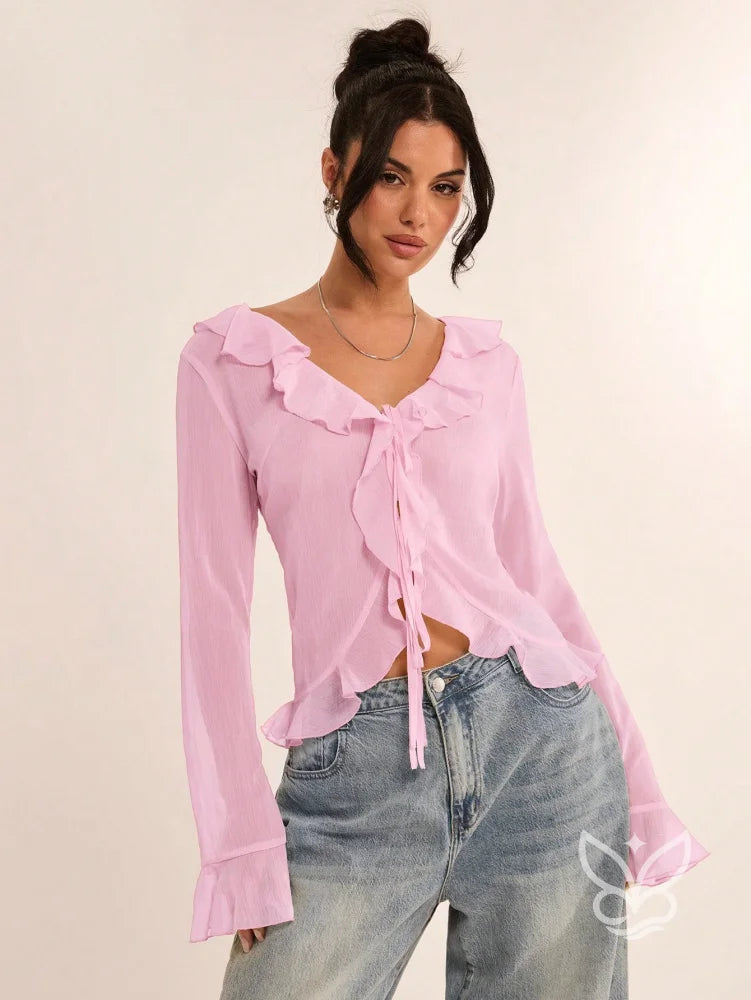 Blusa com Babados na Gola e Amarração Frontal Rosa Chiclete / PP Blusa com Babados na Gola e Amarração Frontal