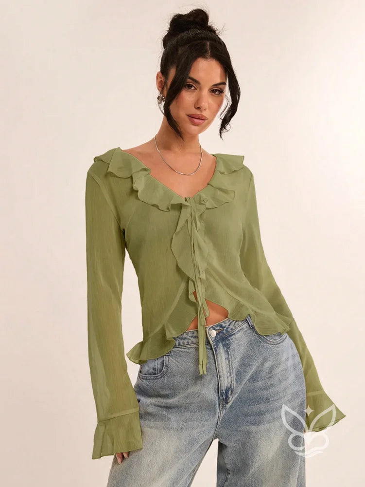 Blusa com Babados na Gola e Amarração Frontal Verde Oliva / PP Blusa com Babados na Gola e Amarração Frontal