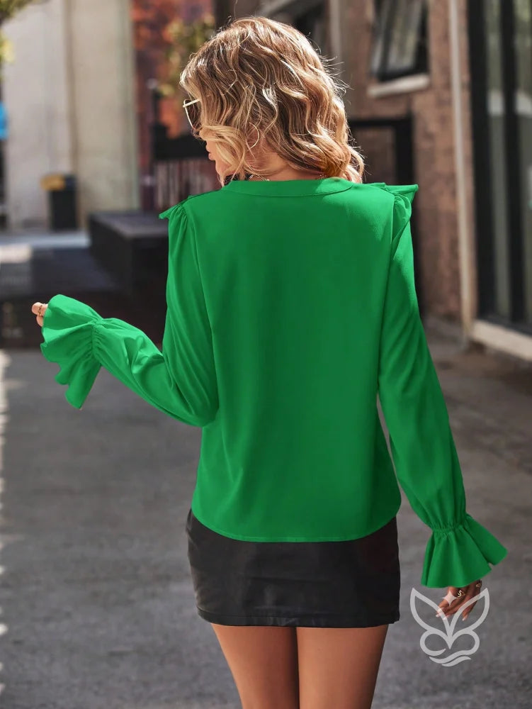 Blusa Com Babados Nas Mangas E Detalhes Franzidos Blusa Com Babados Nas Mangas E Detalhes Franzidos