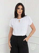 Blusa com Detalhe Vazado e Manga Levemente Bufante Branco / PP Blusa com Detalhe Vazado e Manga Levemente Bufante