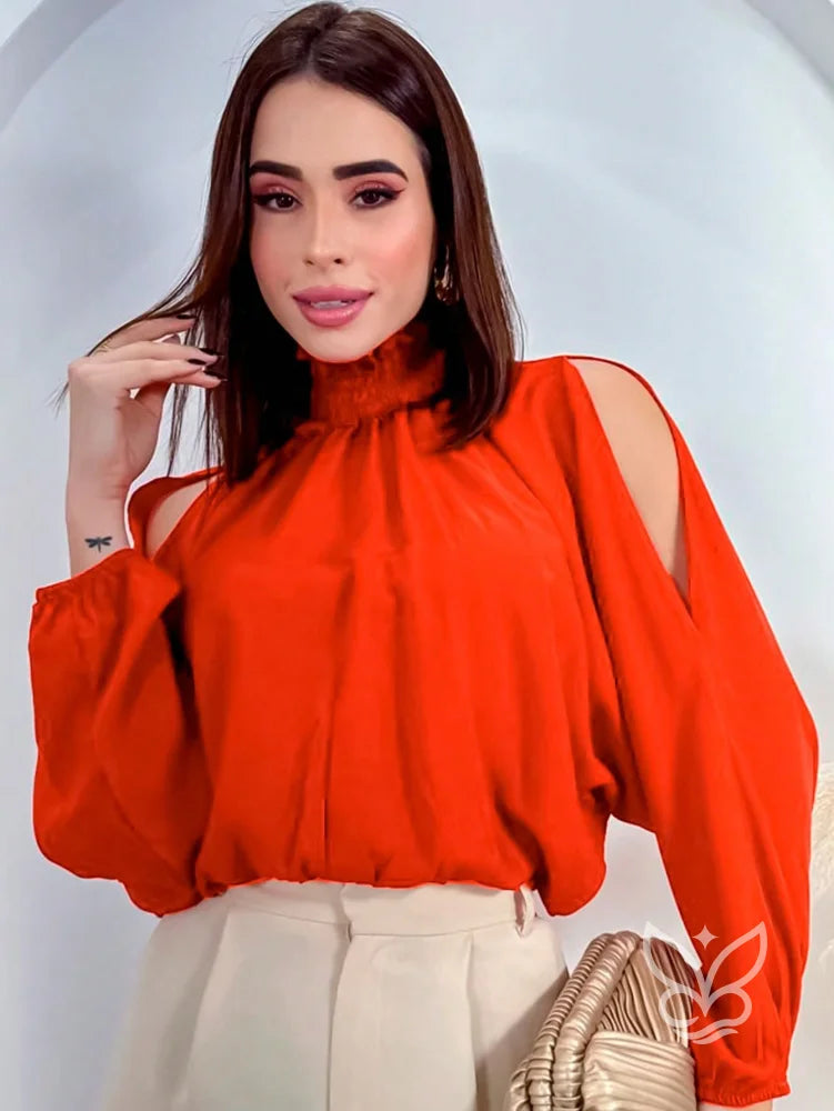 Blusa com Gola Alta Babado e Manga Vazadas Laranja / P Blusa com Gola Alta Babado e Manga Vazadas