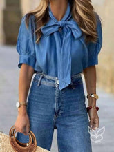 Blusa Com Gola Laço E Manga Bufante Com Pregas Azul / PP Blusa Com Gola Laço E Manga Bufante Com Pregas