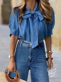 Blusa Com Gola Laço E Manga Bufante Com Pregas Azul / PP Blusa Com Gola Laço E Manga Bufante Com Pregas