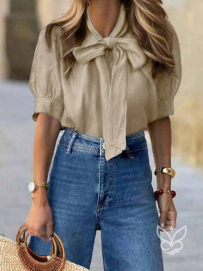 Blusa Com Gola Laço E Manga Bufante Com Pregas Champanhe / PP Blusa Com Gola Laço E Manga Bufante Com Pregas