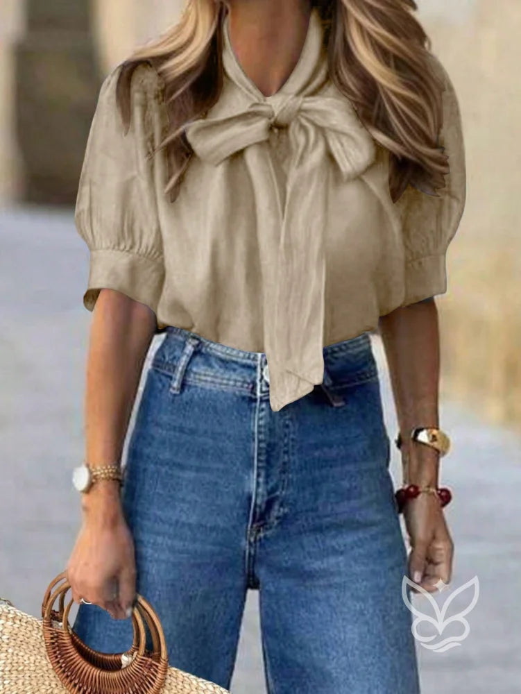 Blusa Com Gola Laço E Manga Bufante Com Pregas Champanhe / PP Blusa Com Gola Laço E Manga Bufante Com Pregas